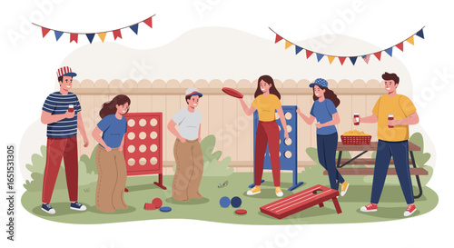 Friends enjoying a lively backyard party, playing various lawn games like sack race, cornhole, and giant Connect Four under colorful bunting.