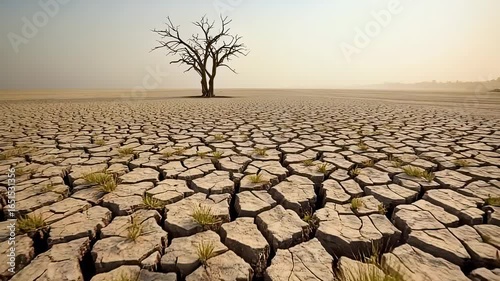 Dry cracked earth landscape with barren tree, depicting drought and climate change