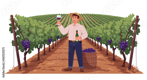 A man in a straw hat holding a wine glass and bottle, standing amidst rows of grapevines in a sunny vineyard with a barrel of grapes.