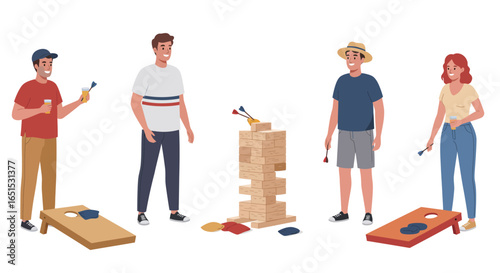 Four smiling people enjoying a variety of popular backyard games, including cornhole, Jenga, and darts, in a casual setting.