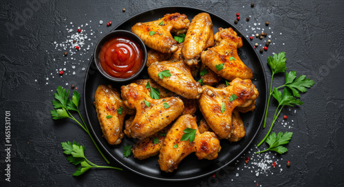 A glossy, golden-brown plate of seasoned chicken wings with a bowl of ketchup and parsley on a dark surface, shot from above.