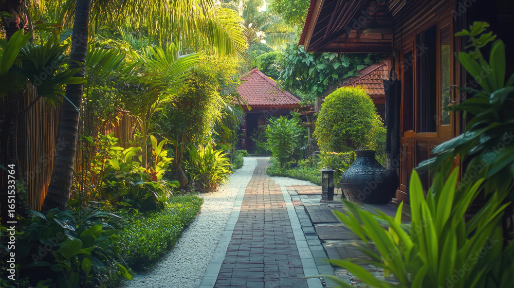 Obraz premium A peaceful garden view from a Thai massage center