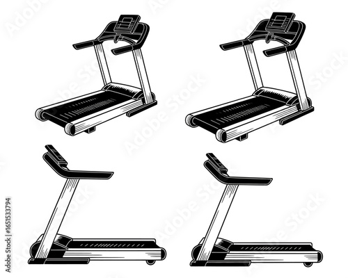 Black and White Treadmill Illustrations for Fitness and Health Promoting Active Lifestyle in Gym and Home Cardio Workouts