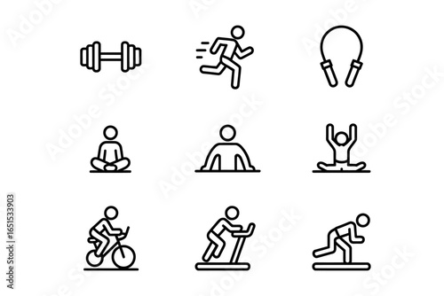 Fitness and Exercise Icons Set Representing Various Physical Activities for a Healthy Lifestyle and Wellbeing