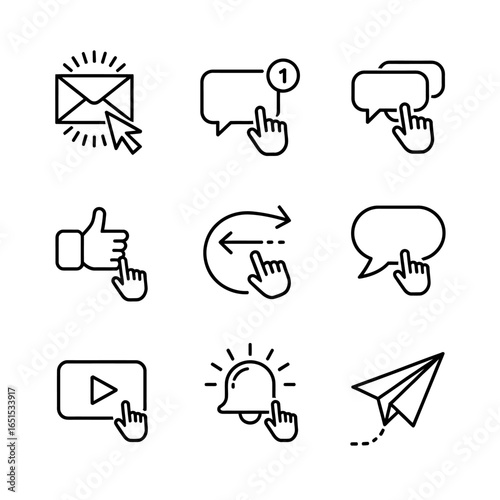 Set of Outline Icons for Notifications Communication and Social Media Engagement Representing Modern Digital Interactions and User Interface Elements