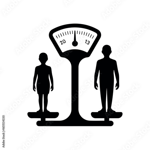Illustration of weight scale balance comparing different body sizes for health concept design