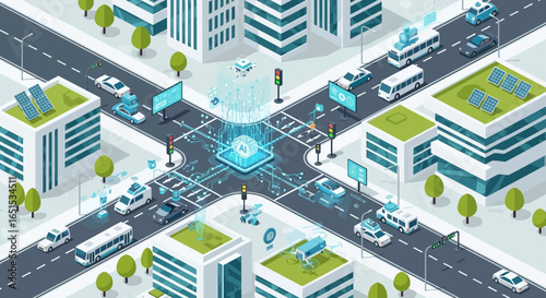 Isometric View Of Smart City And Autonomous Vehicles Controlled By Ai