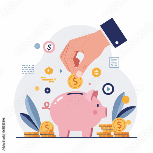 Hand inserting coin into piggy bank surrounded by financial symbols  