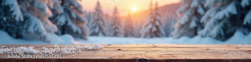 Blurred winter landscape, wooden table for product placement, season, christmas