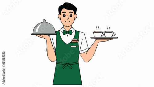 Waiter serving food and drinks illustration restaurant cafe hospitality service profession 90