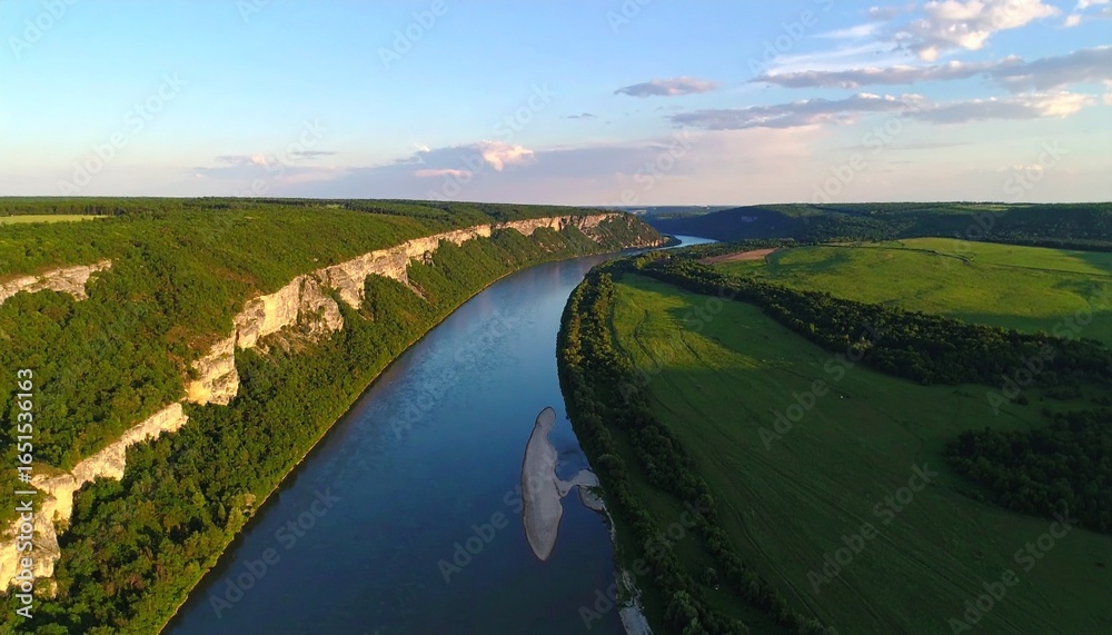 Fototapeta premium Aerial panorama of a grand river curving through a lush valley, bordered by impressive tree-covered cliffs and sprawling green fields, under a clear sky.