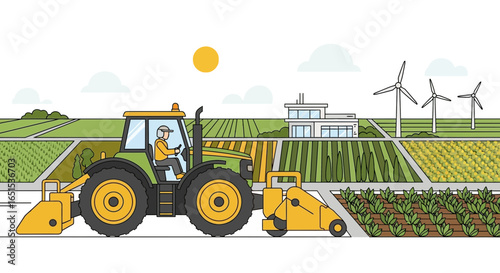 Agricultural Landscape With Tractor And Wind Turbines Illustration