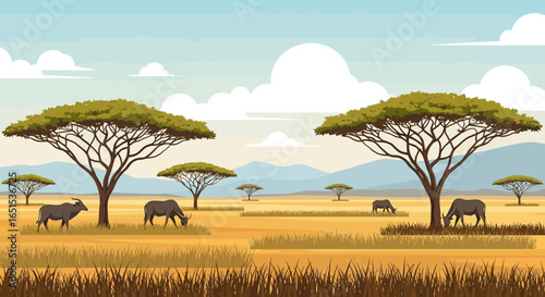 African Wildlife Grazing Under Acacia Trees In A Savannah Landscape