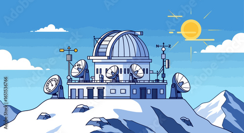 Astronomical Observatory On Top Of A Snowy Mountain Cartoon Style