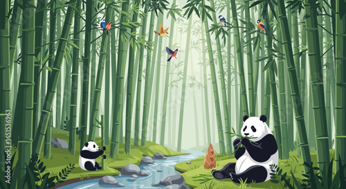 Charming Bamboo Forest With Cute Panda Bears And Colorful Birds