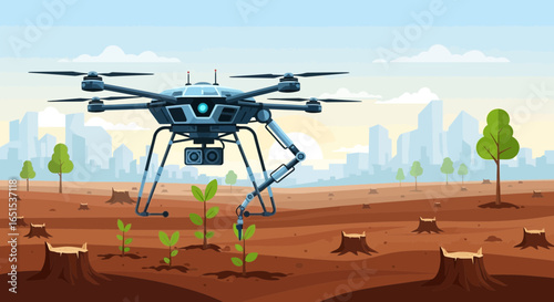 Drone Assists In Reforestation With Robotic Arm On Deforested Landscape