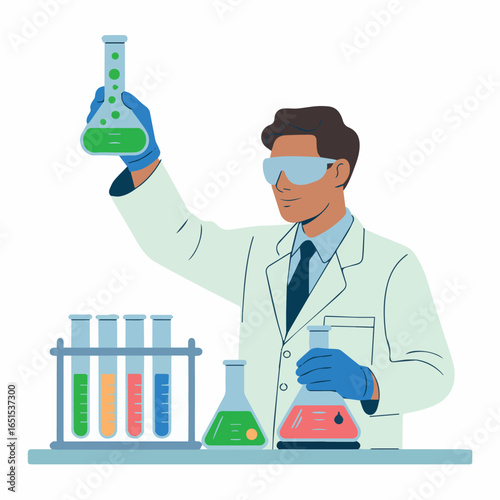Scientist man doing chemical research in lab with test tubes and beakers illustration