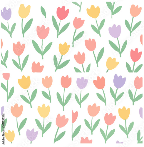 A repeating pattern of colorful tulips with green stems and leaves, arranged on white.