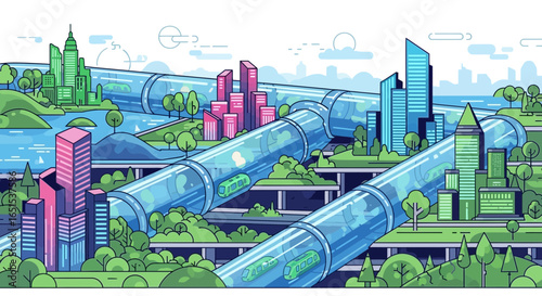 Futuristic Cityscape With Tube Transportation And Colorful Buildings
