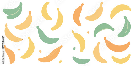A playful pattern of yellow and green bananas, scattered across a white background.