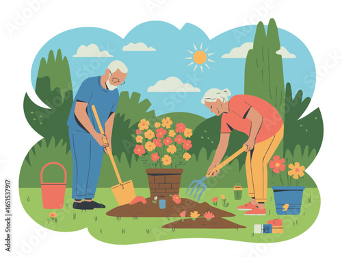 Illustration of elderly couple gardening together planting flowers in the backyard garden scene