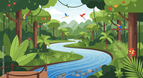 Lush Jungle River Scene With Tropical Birds And Dense Vegetation