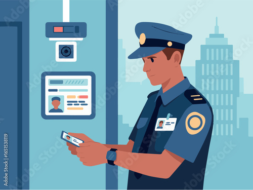 Security guard scanning id badge for access control with surveillance camera in building lobby