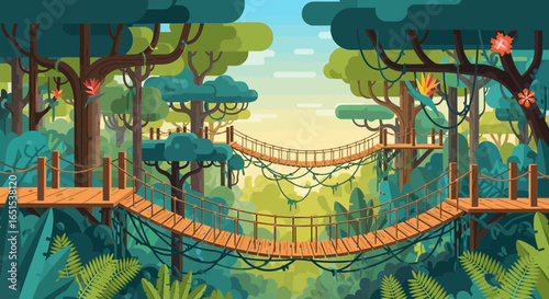 Lush Jungle Canopy Scene With Suspended Wooden Walkways