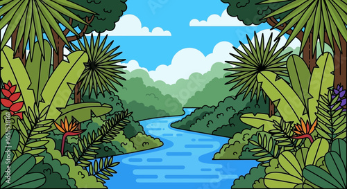 Lush Tropical River Scenery Amidst Dense Vegetation And Clear Sky
