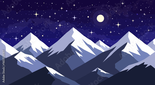Magical Night Landscape with Snowcapped Mountains and Starry Sky