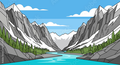 Majestic Mountain Landscape With Turquoise River And Pine Forest