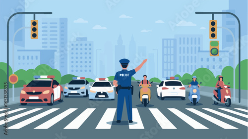 Police officer directing traffic at intersection with cars and motorcycles illustration scene