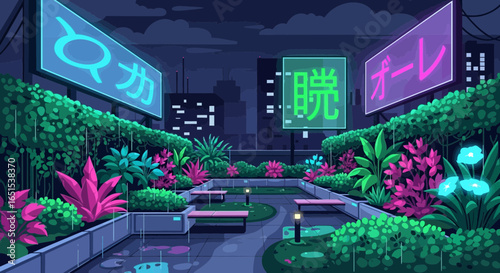 Neon Signs Illuminate a Rooftop Garden at Night Urban Scene