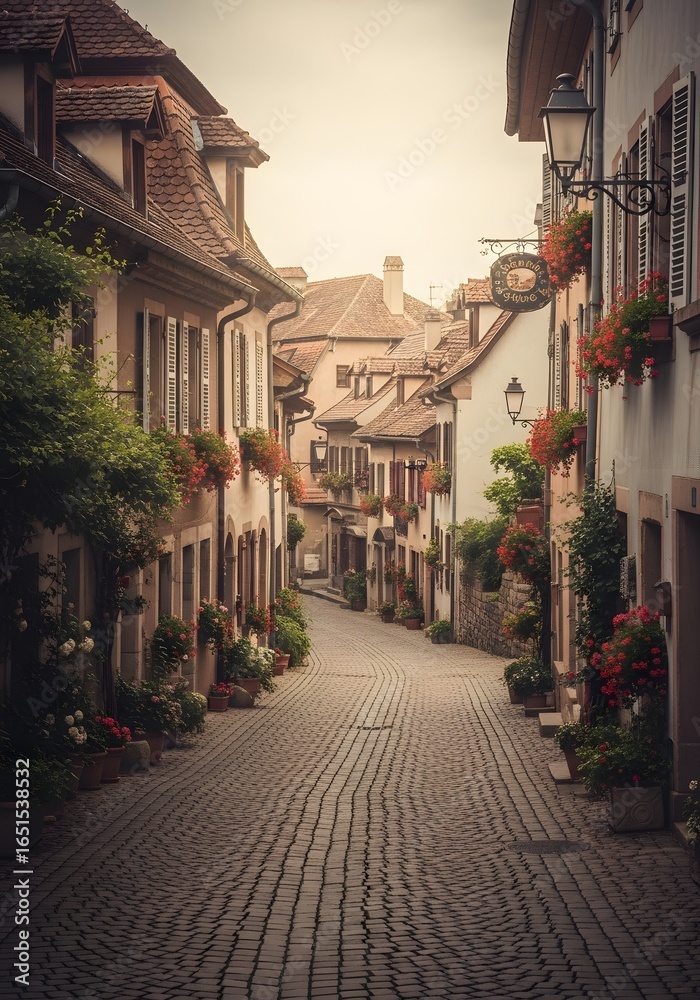 Fototapeta premium Cozy European village street with cobblestone roads, soft lighting