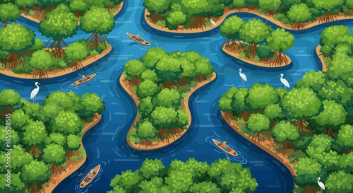 Peaceful River Scene With Kayaks And Egrets Among Mangrove Trees