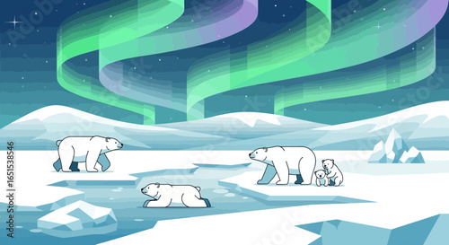 Polar Bear Family Under The Northern Lights Cartoon Style Illustration