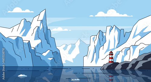 Scenic Landscape With Icebergs And Lighthouse On A Calm Sea