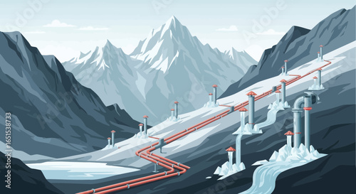 Scenic Mountain Landscape With Pipelines And Waterfalls Illustration