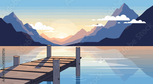 Scenic Mountain Landscape With Wooden Pier At Sunset Illustration