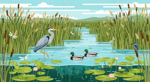 Scenic Pond Ecosystem Illustration Featuring Various Fauna And Flora