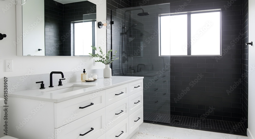 Fototapeta premium A modern bathroom with white vanity and black fixtures next to a dark tiled shower with glass door