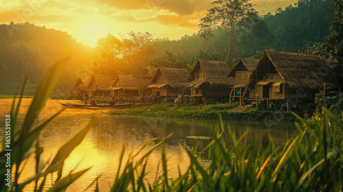 A picturesque view of traditional bamboo houses in Assam