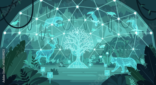Digital Jungle: Holographic Animals and Futuristic Forest Concept