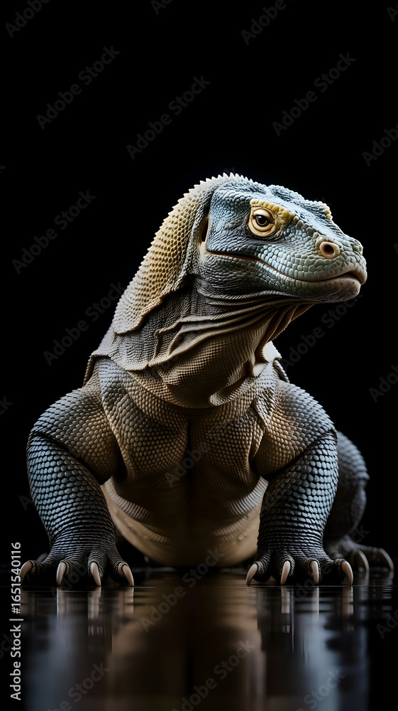Obraz premium A close-up of a lizard with sharp golden eyes and detailed textured scales, showcasing a realistic and powerful reptile portrait.