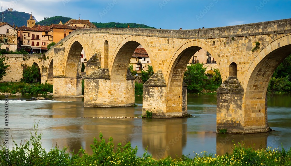 Fototapeta premium Old stone bridge over river, town in background