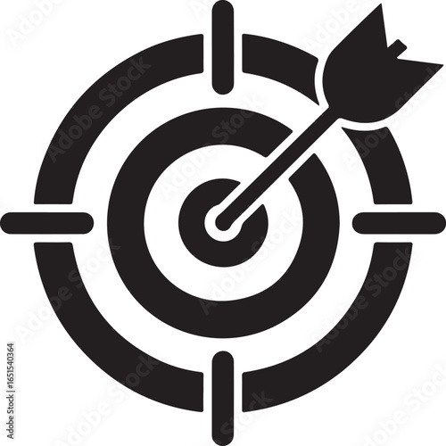 Black and white icon of a target with an arrow hitting the bullseye, symbolizing success
