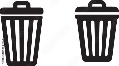 Two black icons of trash cans with a white background