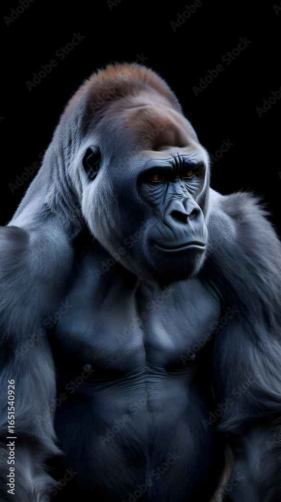 A gorilla with a calm but watchful expression, captured in a portrait style against a black background, emphasizing intelligence and strength. A gorilla with a calm but watchful expression, captured in a portrait style against a black background, emphasizing intelligence and strength.