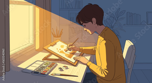 Artist Creating Watercolor Painting In Studio At Sunset