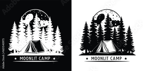 Moonlit camp, silhouette of a tent in a pine forest under a full moon and starry sky, representing nighttime outdoor adventures
